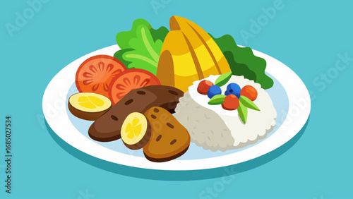 A plate of food with rice, meat, and vegetables. The plate is white and the food is colorful