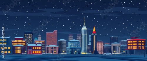 Flat Memphis style winter night cityscape; stylized buildings, snow, dark sky, geometric shapes,  geometric,  cold