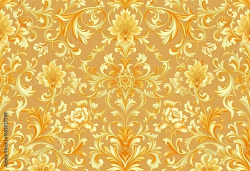 Intricate floral & scrollwork baroque rococo wallpaper design in muted golds & creams, Elegant, Art