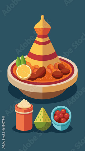 A blue background with a mountain and a pot of gravy. A plate of food with a cup of gravy and a bowl of fruit