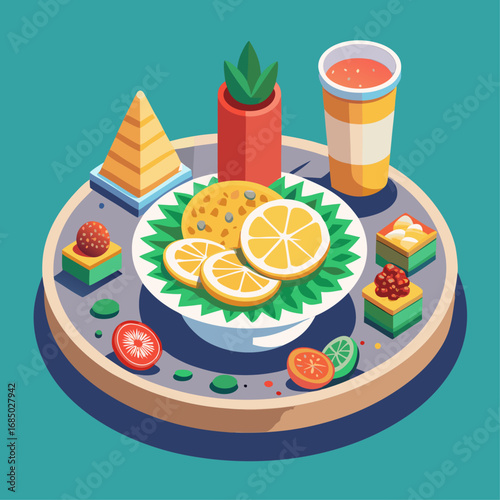 A blue background with a plate of food on a wooden tray. The food includes a variety of fruits and vegetables, such as oranges, carrots, and broccoli. There are also bowls and cups on the tray