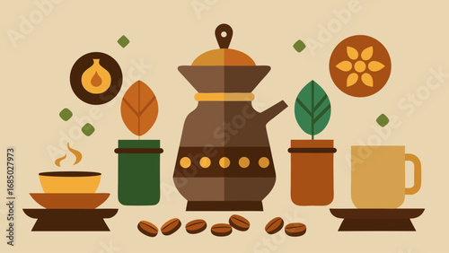 A coffee mug, a coffee pot, a bowl of coffee beans, a plant, and a spoon are all on a table