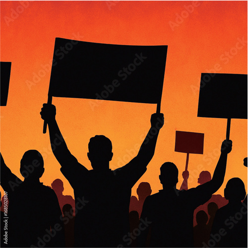Illustration of protest crowd silhouettes holding blank banners and placards against orange background. Perfect for activism, demonstration, social movement, freedom, and political design concepts.
