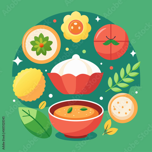 A colorful illustration of various foods, including a bowl of soup, a plate of cookies, and a slice of pizza. Concept of abundance and variety, with a focus on the different types of food