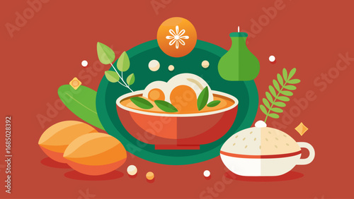 A colorful illustration of various foods, including a bowl of soup, a plate of cookies, and a slice of pizza. Concept of abundance and variety, with a focus on the different types of food