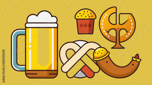 A blue background with a variety of food and drink items, including a hot dog, a beer, and a sandwich