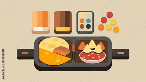 A black table with a variety of food items on it, including a cheese block, a bowl of soup, and a plate of fries