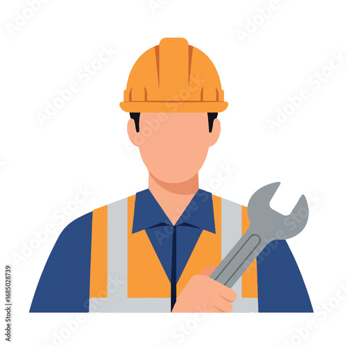 A close-up 2D flat vector illustration of a worker in a hard hat and safety vest, holding a wrench, presented in a minimalist graphic style on a clean white background.