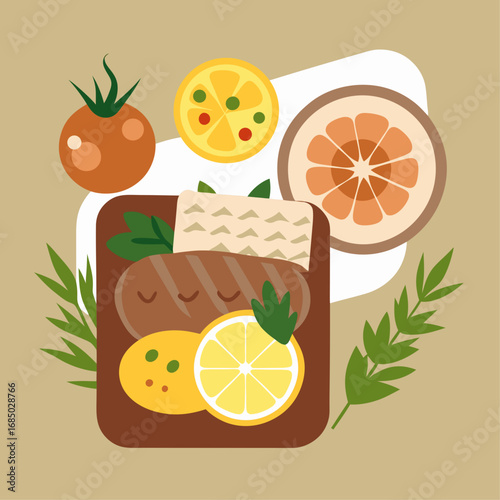 A cartoonish drawing of a plate of food with a variety of fruits and vegetables, including a tomato, an orange, and a lemon. Concept of freshness and health, with the bright colors