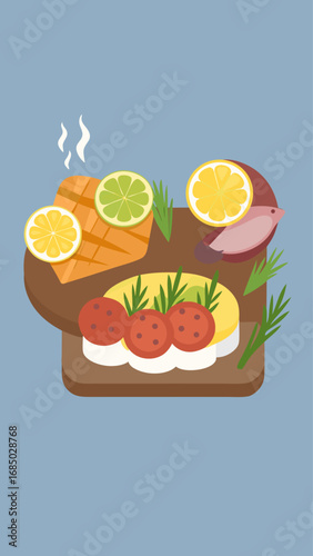 A cartoonish drawing of a plate of food with a variety of fruits and vegetables, including a tomato, an orange, and a lemon. Concept of freshness and health, with the bright colors
