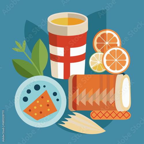 A colorful image of food and drink, including a cup, a plate of food, and a bottle. Scene is cheerful and inviting, with a focus on healthy eating and enjoying a meal