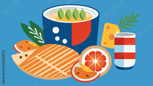 A colorful image of food and drink, including a cup, a plate of food, and a bottle. Scene is cheerful and inviting, with a focus on healthy eating and enjoying a meal