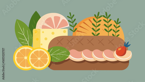 A cartoonish drawing of a plate of food with a variety of fruits and vegetables, including a tomato, an orange, and a lemon. Concept of freshness and health, with the bright colors