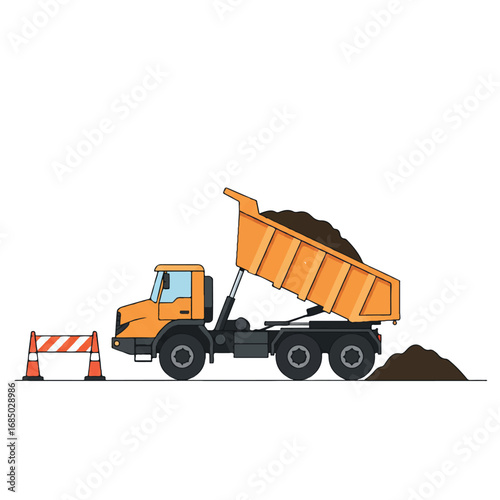 A dump truck actively unloads a large pile of brown soil at a road construction zone, depicted as a minimalist 2D flat vector illustration with clean lines and solid colors, isolated on white.