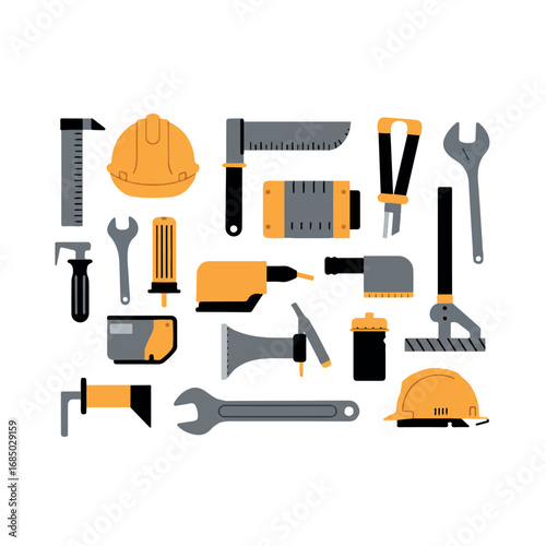 Construction tools neatly arranged together are depicted in a vibrant 2D flat vector illustration, featuring minimalist clean lines and solid colors, isolated on a clean white background.