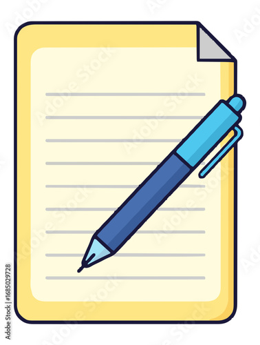A simple cartoon drawing of a blue ballpoint pen on lined paper, used for taking important notes, creative writing, and signing contracts