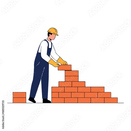 A diligent construction worker meticulously lays bricks for a new wall, illustrating the building process in a clean 2D flat vector illustration style.