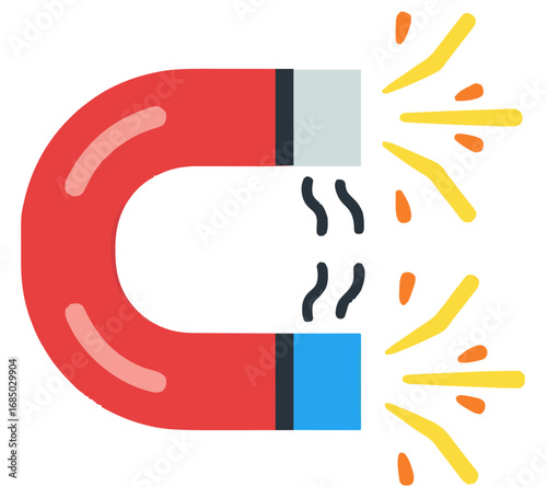 Powerful red horseshoe magnet attracting attention with sparks and energy, symbolizing attraction and magnetism in science and business