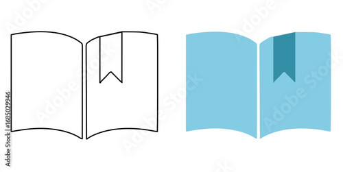 Clean and modern open book icon collection featuring a minimalist black outline and a solid blue flat design version perfect for web and app ui.