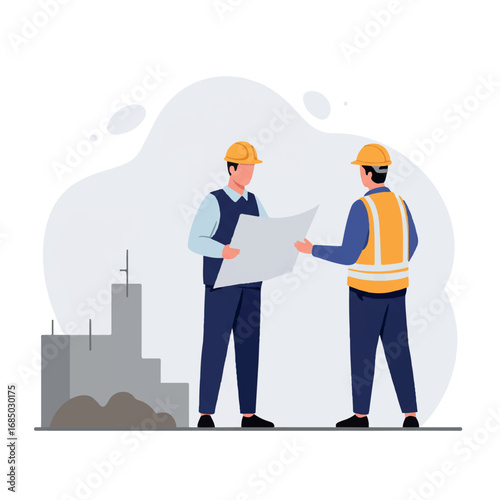 An architect and foreman are reviewing blueprints at a new building foundation in a minimalist 2D flat vector illustration, symbolizing collaboration and project planning.