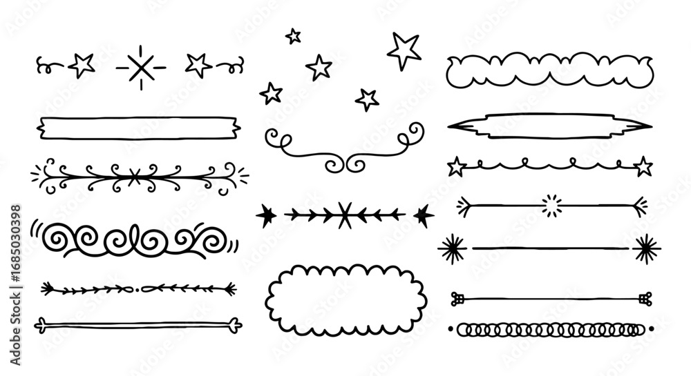 Obraz premium Doodle divider sketch design hand drawn handmade graphic illustration set stars line ornaments border swirl curly cloud frame vector