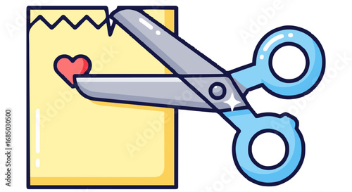 Cute cartoon scissors snip a perfect red heart out of yellow paper for a handmade valentine's day card or a romantic crafting declaration