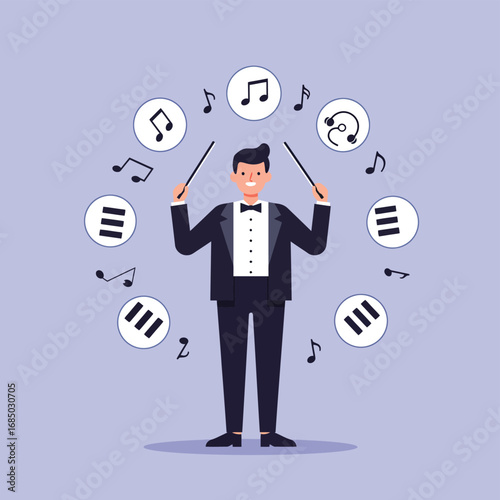 Orchestral Conductor Leading a Symphony Flat Art Illustration