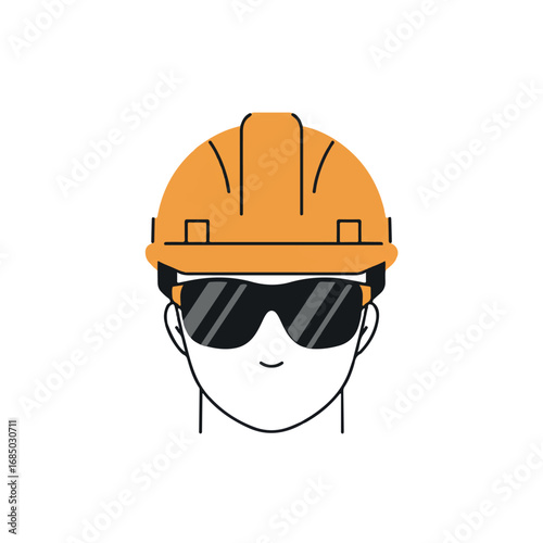 An iconic construction helmet with safety glasses, prominently featured in a minimalist 2D flat vector illustration, showcases clean lines and solid colors on a pure white background.