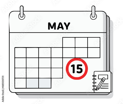 Planning an important event in may with a calendar showing the fifteenth circled in red to remember a special appointment or project deadline