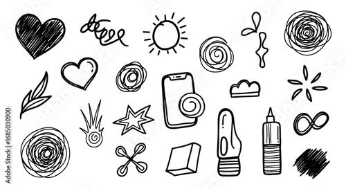 Hand drawn doodle sketch design scribble heart sun phone star art vector graphic illustration set line handmade outline black white