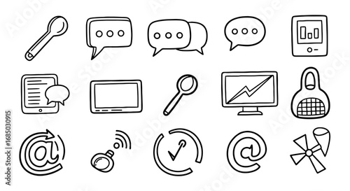 Doodle icons set vector graphic design spoon chat tablet email lightbulb monitor email communication art