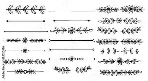 Doodle line dividers flourish border flower leaf floral art vector graphic design illustration simple separator handmade decorative set