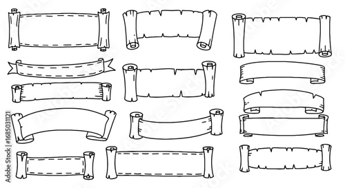 Scrolls banners parchment paper message doodle outline vector graphic design illustration art element