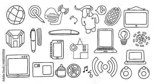 Sketch doodle art, electronic devices, media, accessories, lightbulb, pen, box line art vector graphic design illustration handmade.