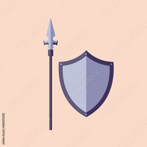 A simple flat design illustration of a medieval spear and shield. Ancient knight's combat weapon and protection equipment vector graphic
