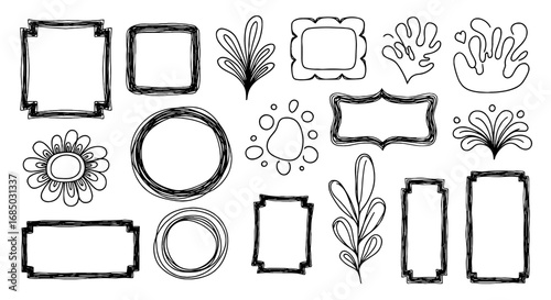 Doodle sketch frames, botanicals, circles, scribble art design illustration graphic handmade for scrapbooking invitation note journaling