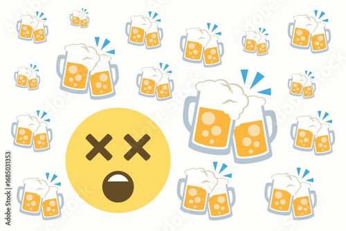 Dizzy emoji face with crossed eyes surrounded by clinking beer mugs, symbolizing drunkenness, hangover, or overindulgence in alcohol.Vector illustration.
