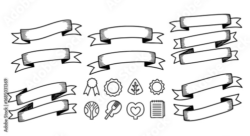 Hand drawn vector doodle sketch ribbons label badge sign art graphic design illustration set business food outline