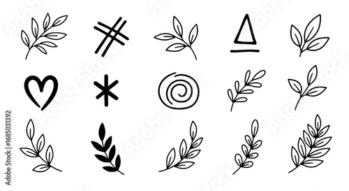 Doodle leaves, heart, triangle, spiral, asterisk vector graphic design illustration art handmade sketch scribble line outline
