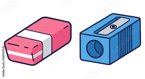 A bright pink eraser and a blue pencil sharpener sit side by side, ready for your creative school or office projects