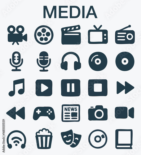 Media and Entertainment Icon Set – Music, Video, Podcast, Streaming, and Gaming