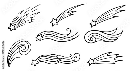 Starry comet trails set doodle line art vector graphic design illustration art for astrology astronomy science space cosmos drawing handmade sketch