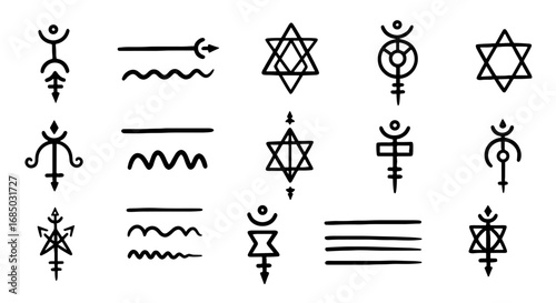 Esoteric symbols drawing sketch line occult alchemy vector graphic design illustration handmade geometric shapes mystic religious signs