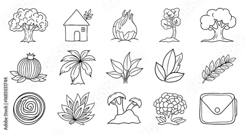 Nature sketch doodle leaf plant tree house hand drawn graphic illustration set vector outline drawing art