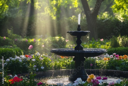 Stone fountain in lush garden