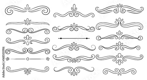 Ornate flourishes line art divider separator vector graphic design illustration decorative element borders swirl doodle ornament flourish