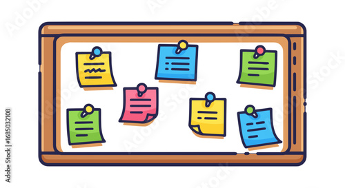 Organized bulletin board with colorful sticky notes and pins ready for planning and brainstorming new ideas in a bright, clean environment