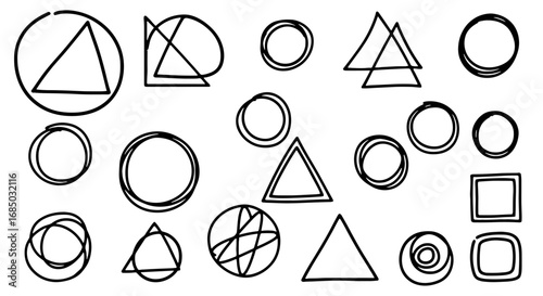 Geometric shapes sketch drawing triangle circle square doodle line art graphic design illustration icon handmade set abstract art
