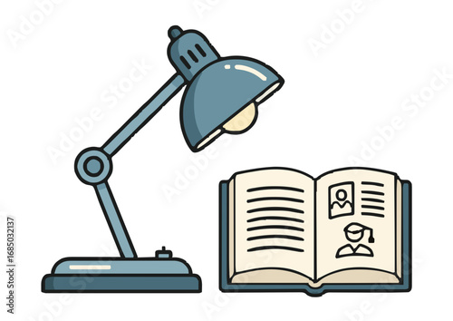 A bright blue desk lamp illuminates an open school yearbook, a classic symbol for studying, achieving academic success, and higher education