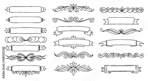 Banners scrolls dividers decorative set ornate sketch scribble hand drawn vector graphic design illustration clip art element
